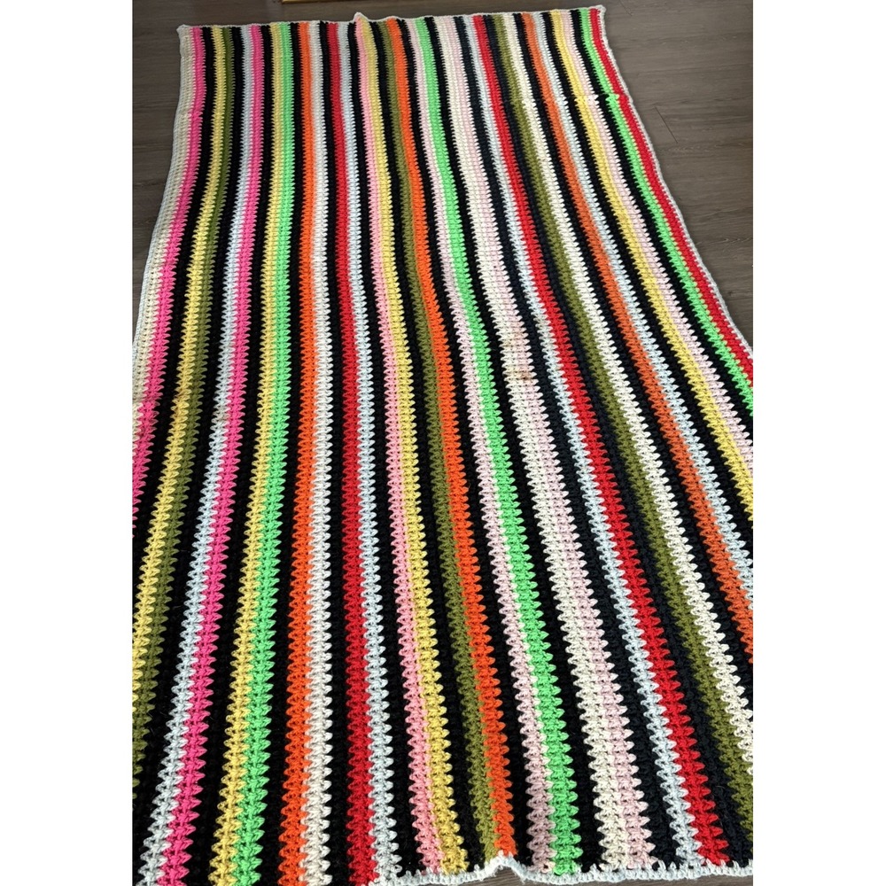 80s Vintage Rainbow Stripe Handmade Crochet Knit Afghan Throw Blanket XL 100x50